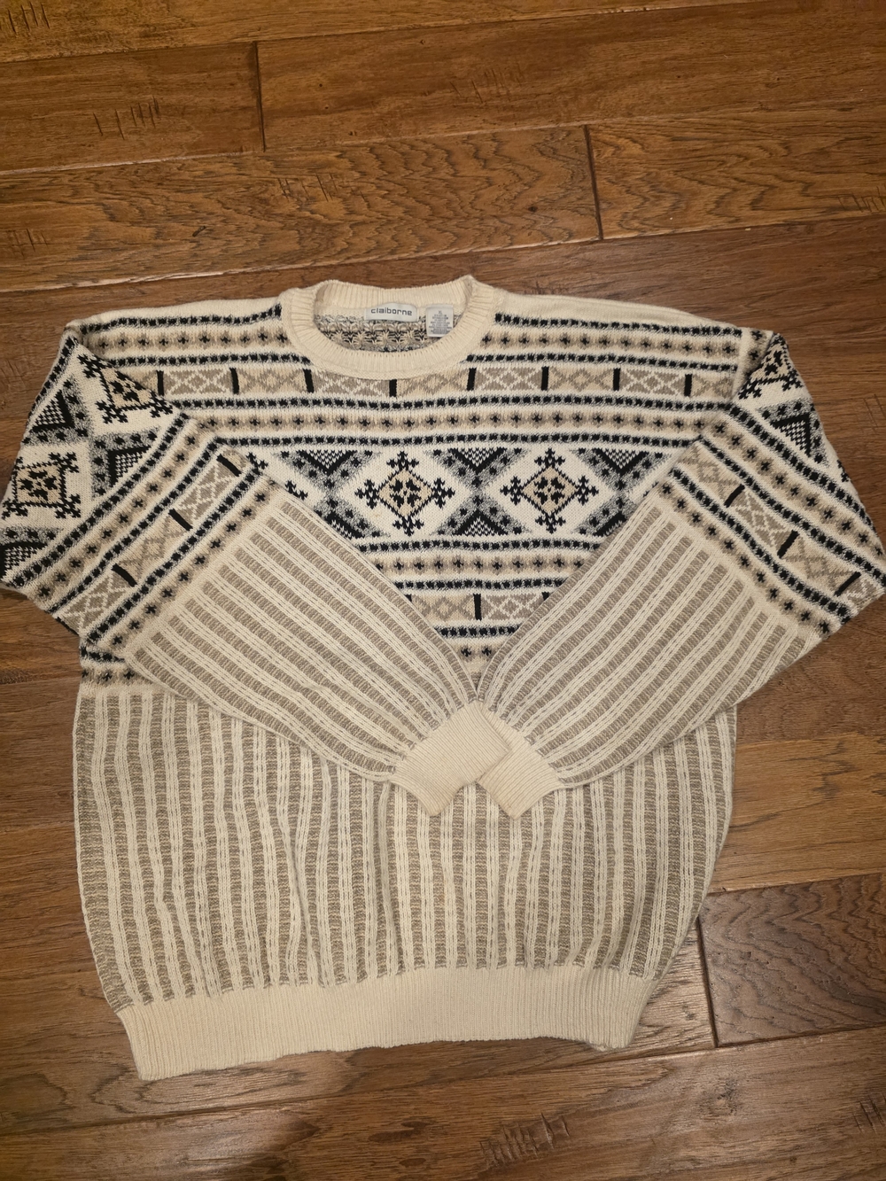 Claiborne Cream and Black Nordic Crewneck Sweater